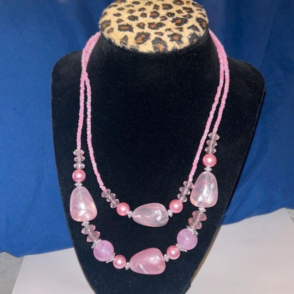 Pink Double-Strand Statement Beaded Necklace